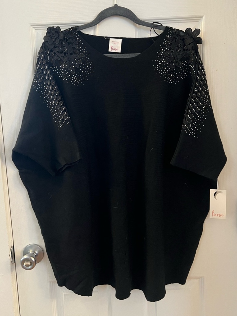 Black Embellished Shoulder Top | Batwing Sleeve | Beaded Floral Detail